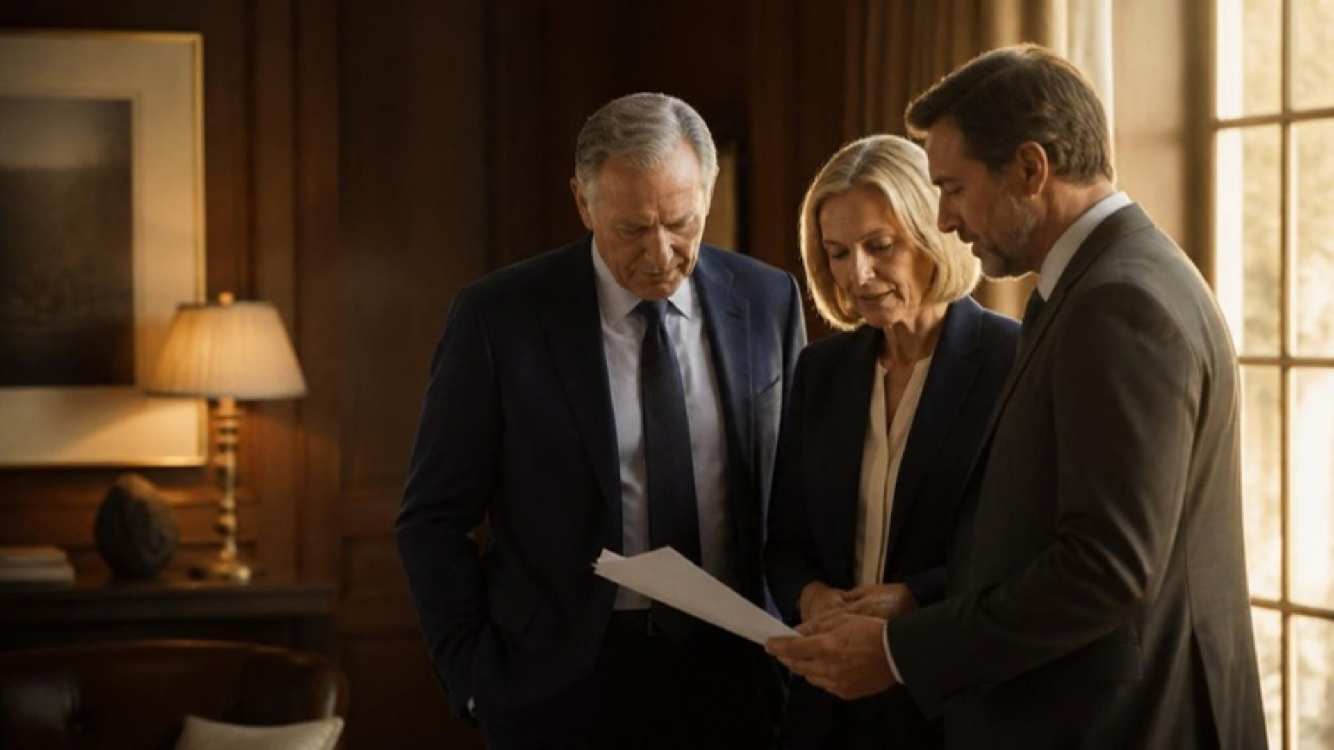 Two executives reviewing a printed plan with their advisor by an office window.