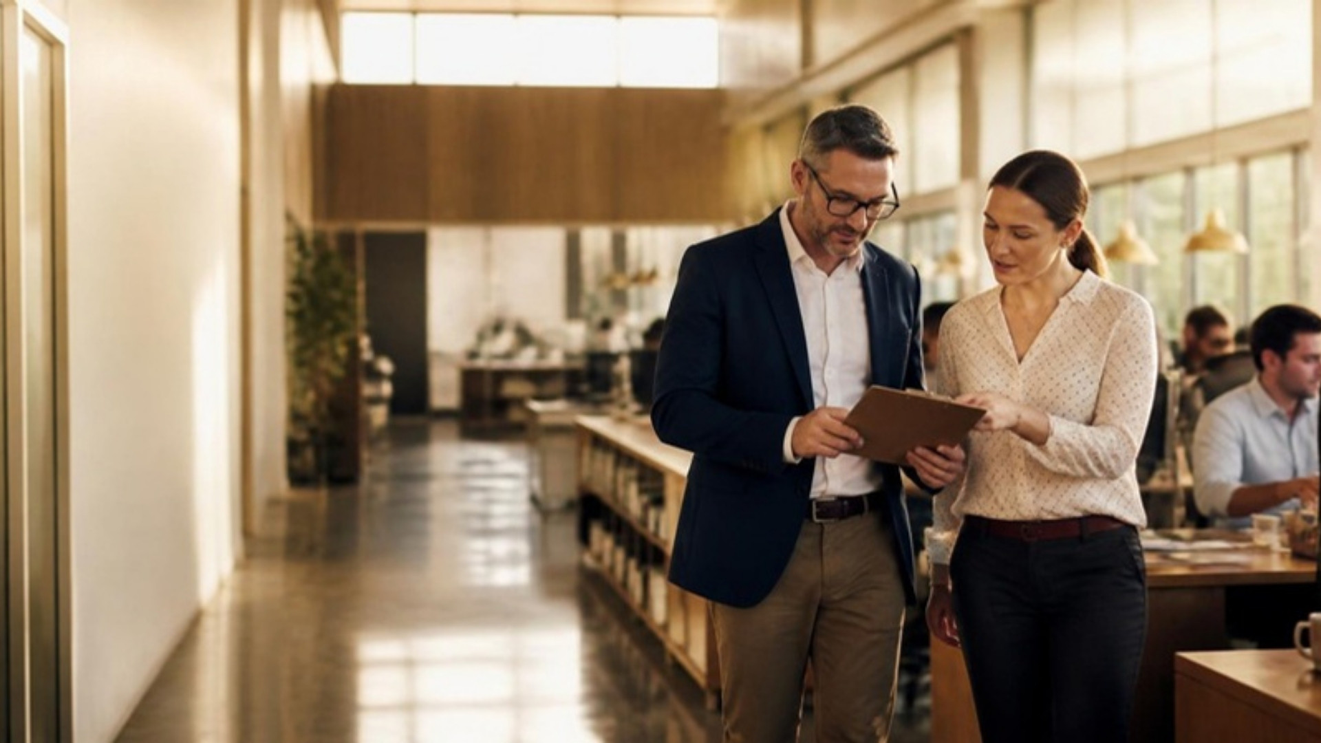An operations leader and a team lead reviewing notes on a busy office floor.