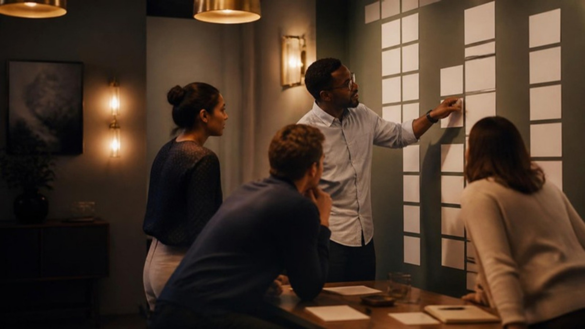 An advisor leading a working session in front of a wall of planning cards.