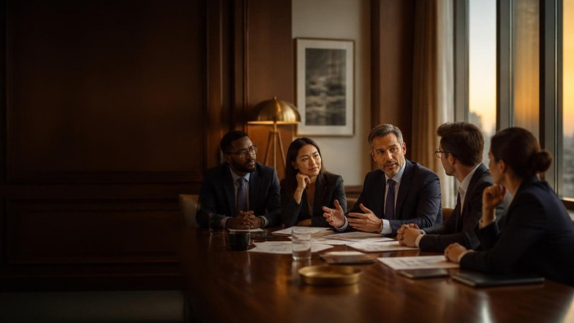 A leadership team at a boardroom table listening to an advisor.