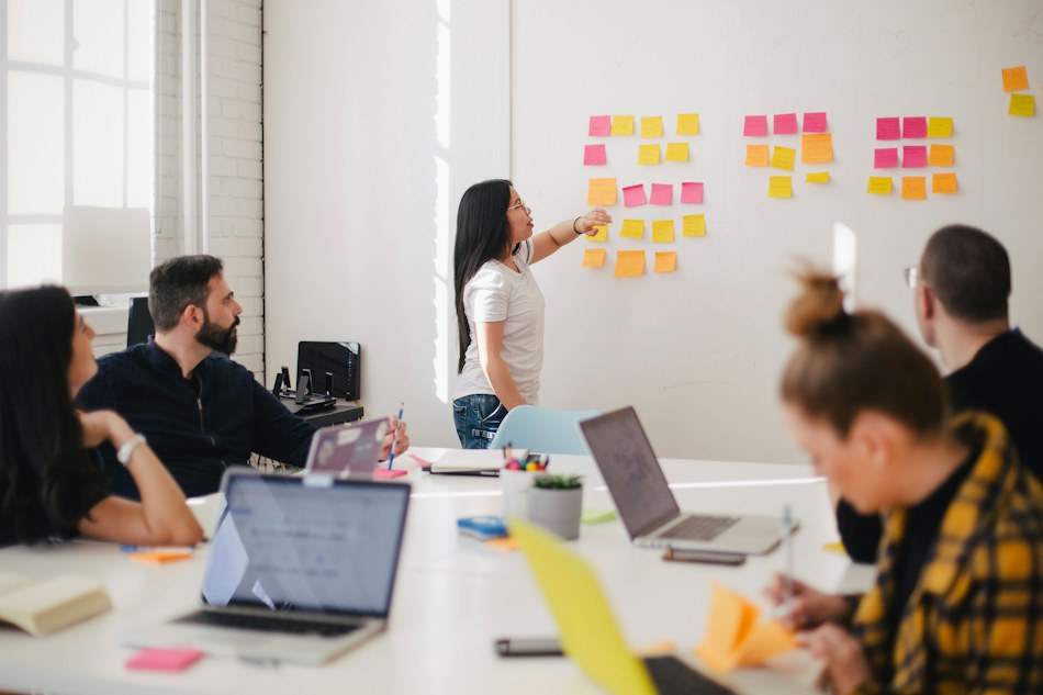 Team discussing ideas in a workshop